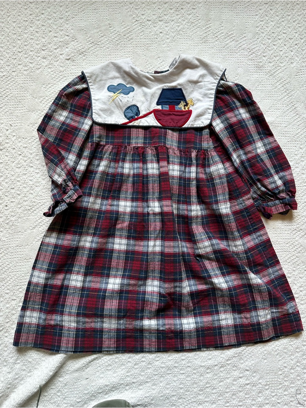 Plaid Red and Navy Girls' Long-Sleeve Dress with Noah’s Ark Applique